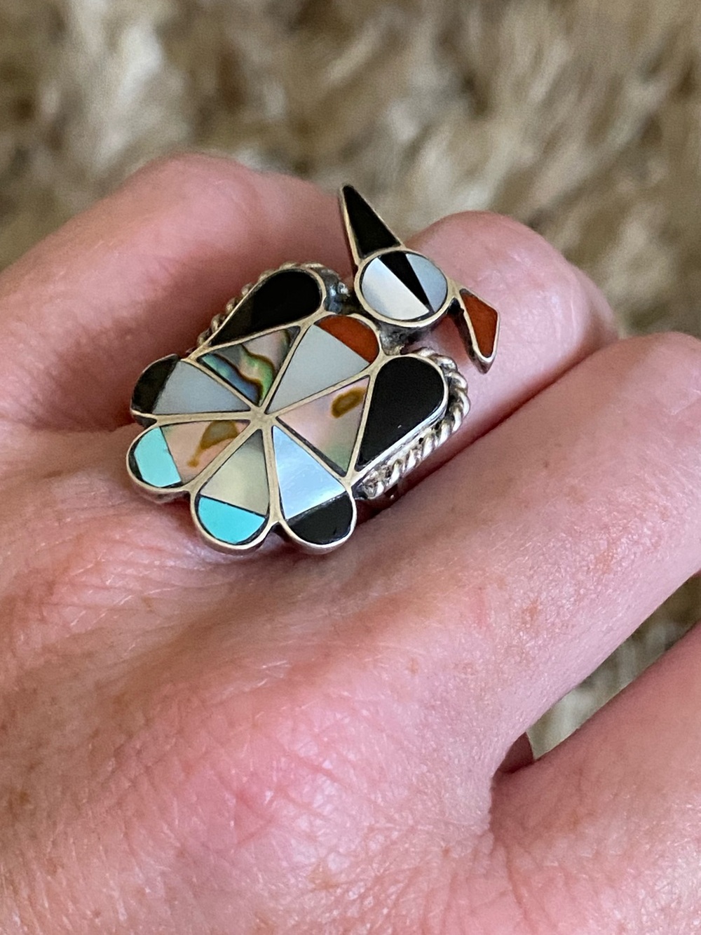 Vintage Zuni Sterling Silver Turquoise Inlay Thunderbird Ring Size 5.5 - Picture 6 of 9